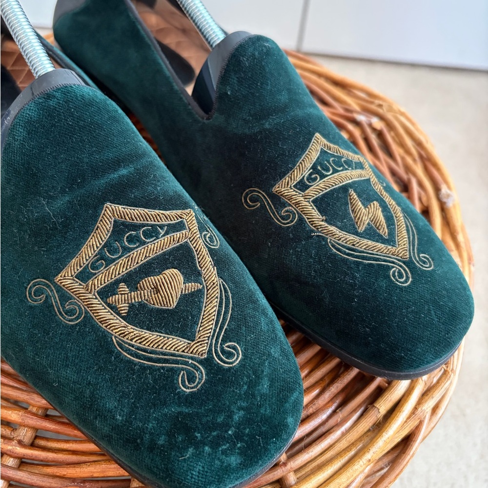 Gucci Green Wire Embroidered Velvet‎ Loafers Men's Size 11 Dark Green Authentic - Picture 2 of 15